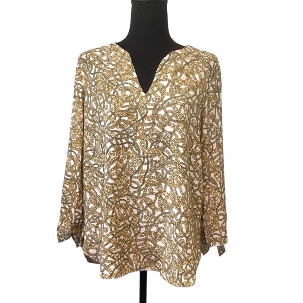 Michael Kors Size Medium Bone Yellow Chain Blouse with 3/4 Bowtie Sleeves